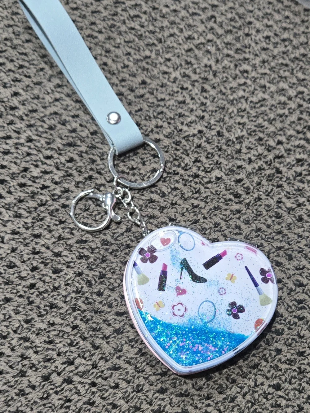 Double Sided Compact Mirror Blue Glitter Keychain Wristlet Heart Shaped